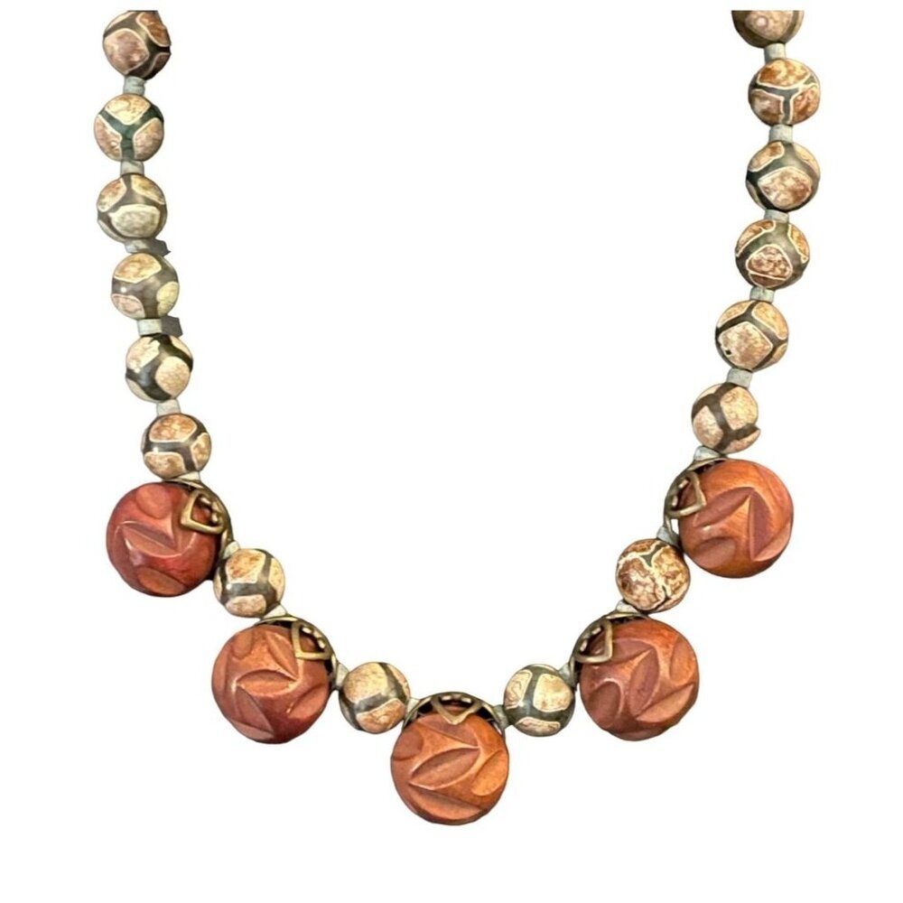 Wood Carved Chunky Beaded Statement Necklace Brass Tone Granny-core Boho